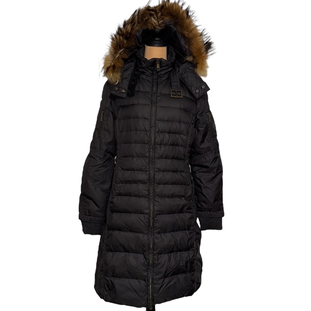 Andrew Marc Womens Down Puffer Coat Long Winter Jacket‎ Fur Hood Black Size L